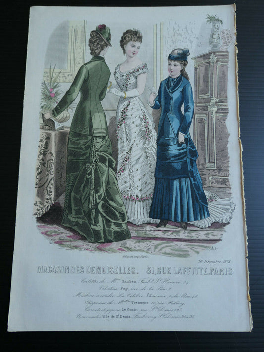 MAGASIN DES DEMOISELLES / 1878 / FRENCH MODE ENGRAVING HAND COLOURED