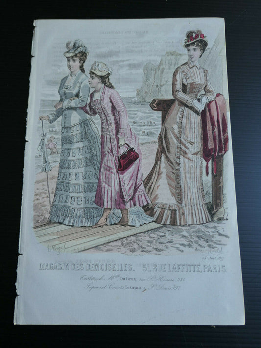 MAGASIN DES DEMOISELLES FRENCH MODE ENGRAVING / HAND COLOURED / 1877