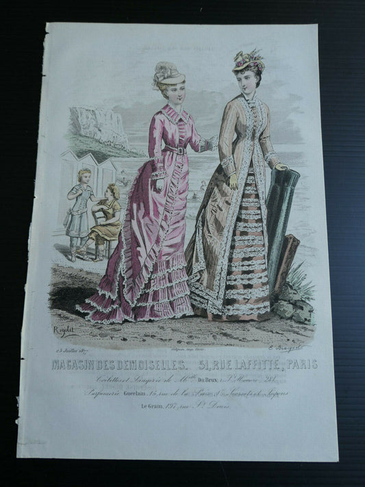 MAGASIN DES DEMOISELLES / 1877 / FRENCH MODE ENGRAVING HAND COLOURED