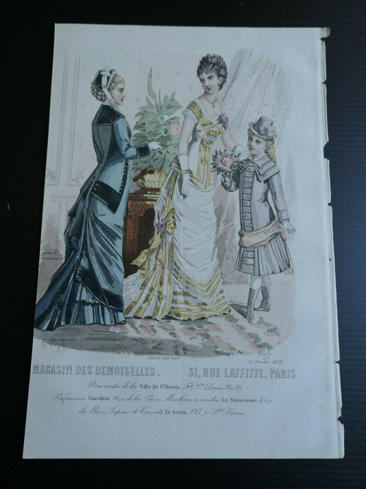MAGASIN DES DEMOISELLES FRENCH MODE HAND COLOURED ENGRAVING 1878