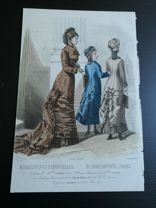 MAGASIN DES DEMOISELLES / 1878 / FRENCH MODE ENGRAVING / HAND COLOURED