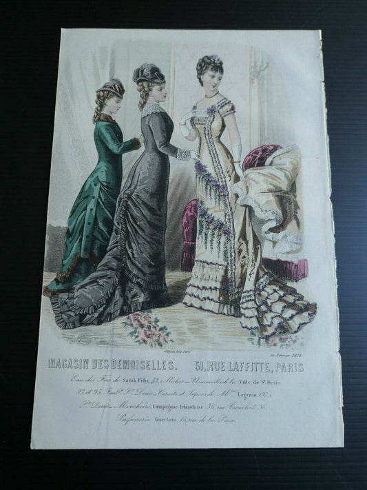 MAGASIN DES DEMOISELLES 1878 / FRENCH MODE ENGRAVING / HAND COLOURED