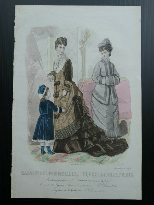 1875 MAGASIN DES DEMOISELLES FRENCH MODE ENGRAVING HAND COLOURED