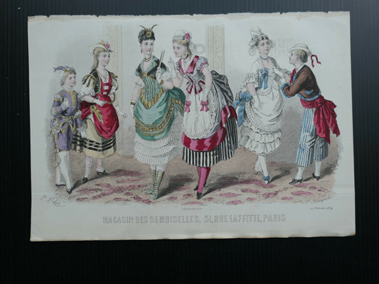 MAGASIN DES DEMOISELLES 1874 FRENCH MODE ENGRAVING HAND COLOURED