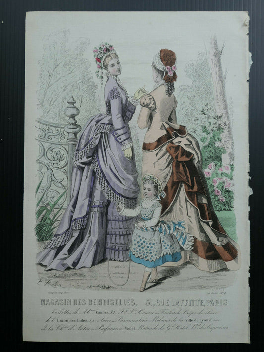 MAGASIN DES DEMOISELLES FRENCH MODE ENGRAVING / HAND COLOURED / 1874