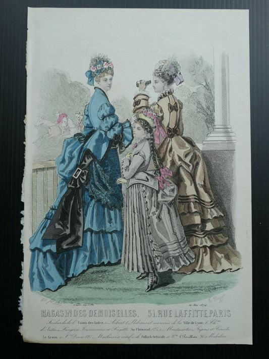 MAGASIN DES DEMOISELLES / 1874 FRENCH MODE ENGRAVING / HAND COLOURED