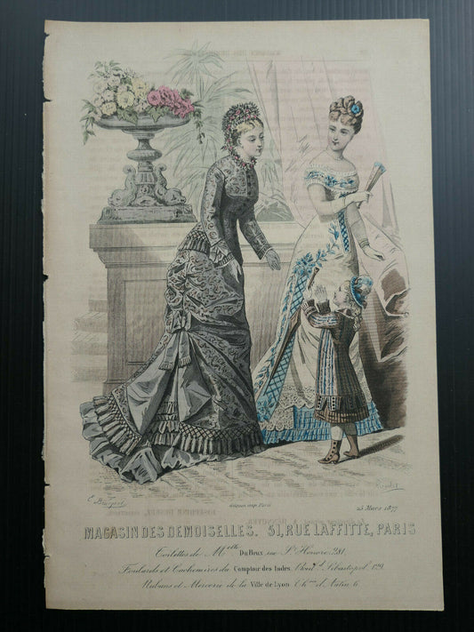 MAGASIN DES DEMOISELLES / 1877 FRENCH MODE ENGRAVING / HAND COLOURED