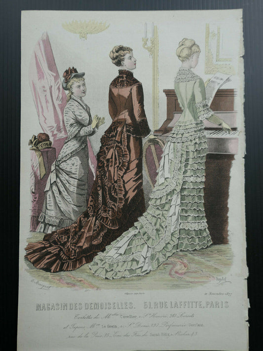 MAGASIN DES DEMOISELLES 1877 FRANCE / MODE ENGRAVING HAND COLOURED