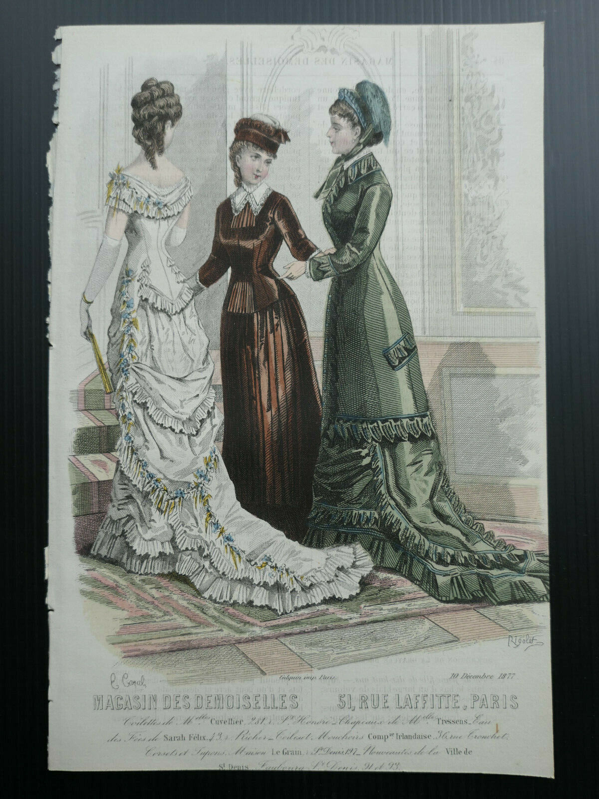 1877 / MAGASIN DES DEMOISELLES FRENCH MODE ENGRAVING HAND COLOURED