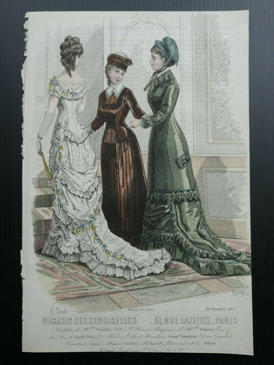 1877 / MAGASIN DES DEMOISELLES FRENCH MODE ENGRAVING HAND COLOURED