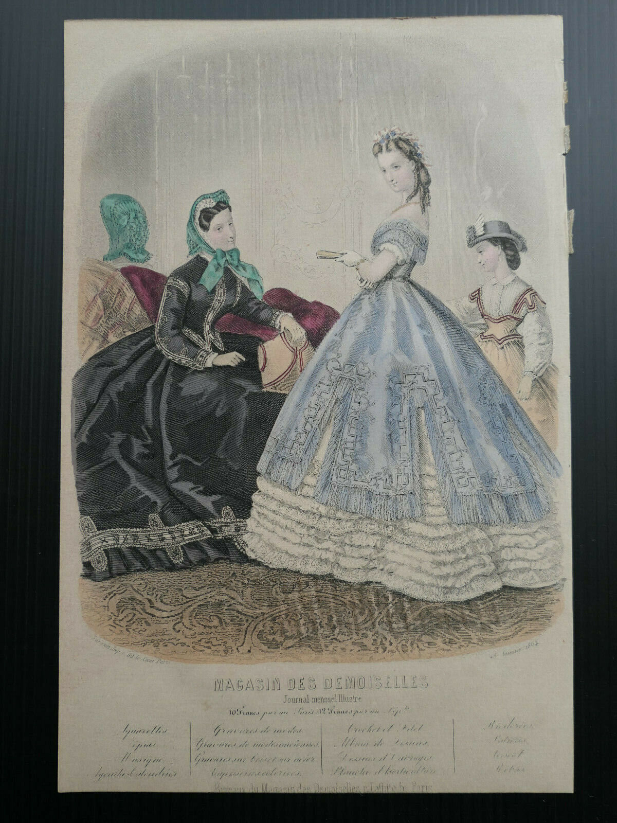 MAGASIN DES DEMOISELLES FRENCH MODE ENGRAVING HAND COLOURED 1864