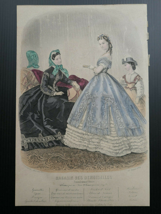 MAGASIN DES DEMOISELLES FRENCH MODE ENGRAVING HAND COLOURED 1864