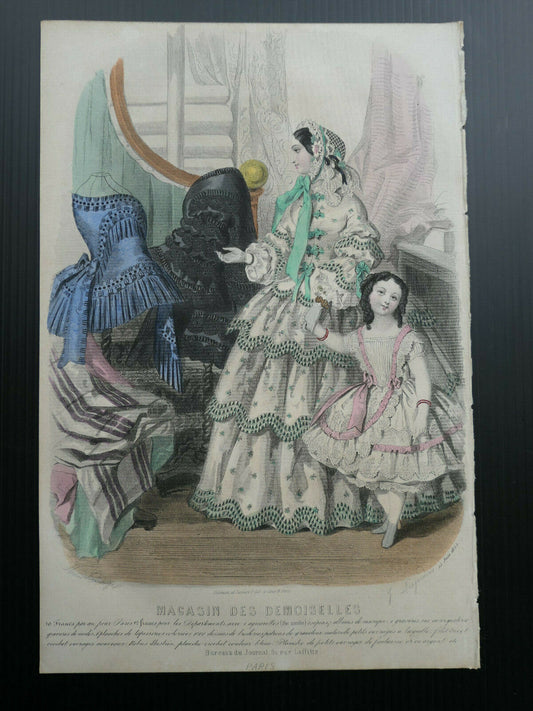 MAGASIN DES DEMOISELLES 1855 FRENCH MODE ENGRAVING HAND COLOURED