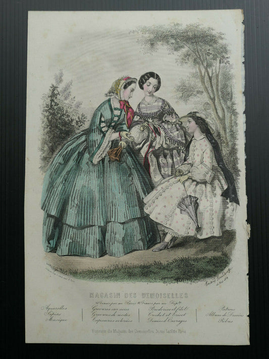 MAGASIN DES DEMOISELLES 1859 / FRENCH MODE ENGRAVING / HAND COLOURED