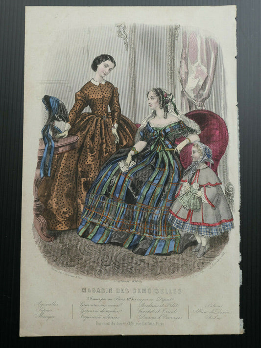 MAGASIN DES DEMOISELLES FRENCH MODE ENGRAVING HAND COLOURED 1858