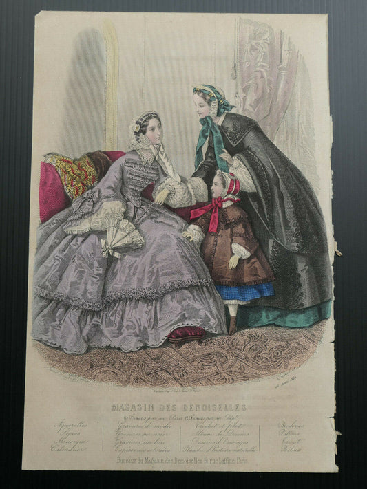 MAGASIN DES DEMOISELLES FRENCH MODE 1860 ENGRAVING HAND COLOURED