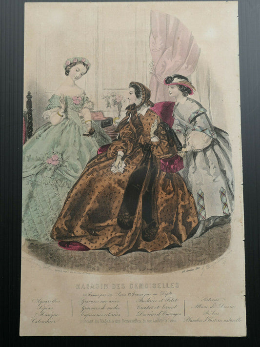 MAGASIN DES DEMOISELLES 1860 FRENCH MODE ENGRAVING HAND COLOURED