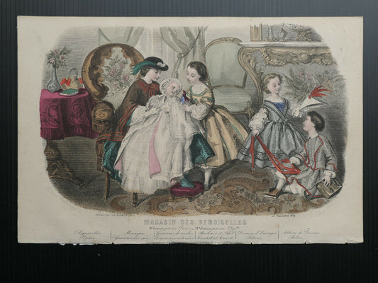 MAGASIN DES DEMOISELLES 1859 FRENCH MODE ENGRAVING HAND COLOURED