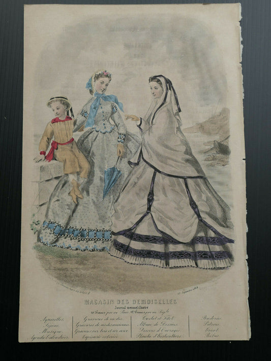 MAGASIN DES DEMOISELLES 1864 FRENCH MODE ENGRAVING HAND COLOURED