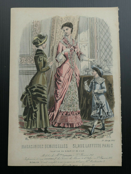 MAGASIN DES DEMOISELLES FRENCH MODE ENGRAVING 1882 HAND COLOURED
