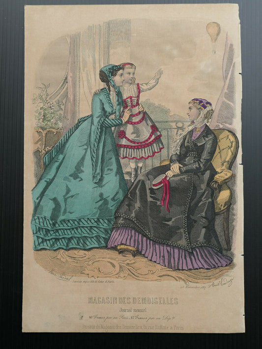 MAGASIN DES DEMOISELLES 1867 FRENCH MODE ENGRAVING HAND COLOURED