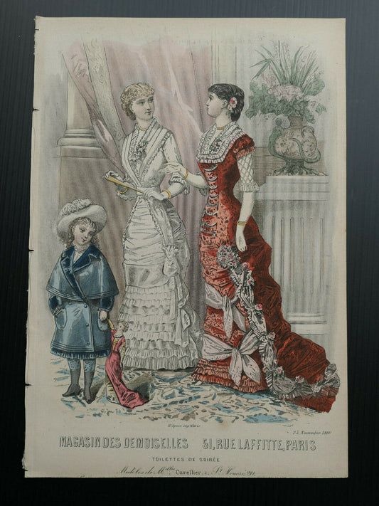 MAGASIN DES DEMOISELLES 1880 FRENCH MODE HAND COLOURED ENGRAVING
