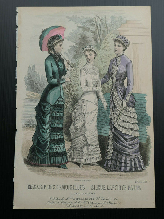 1880 MAGASIN DES DEMOISELLES FRANCE MODE ENGRAVING HAND COLOURED