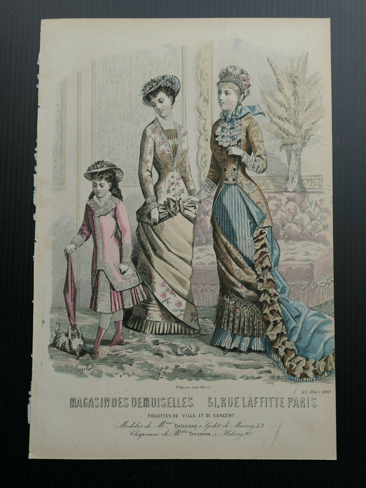 MAGASIN DES DEMOISELLES / FRENCH MODE ENGRAVING HAND COLOURED 1880