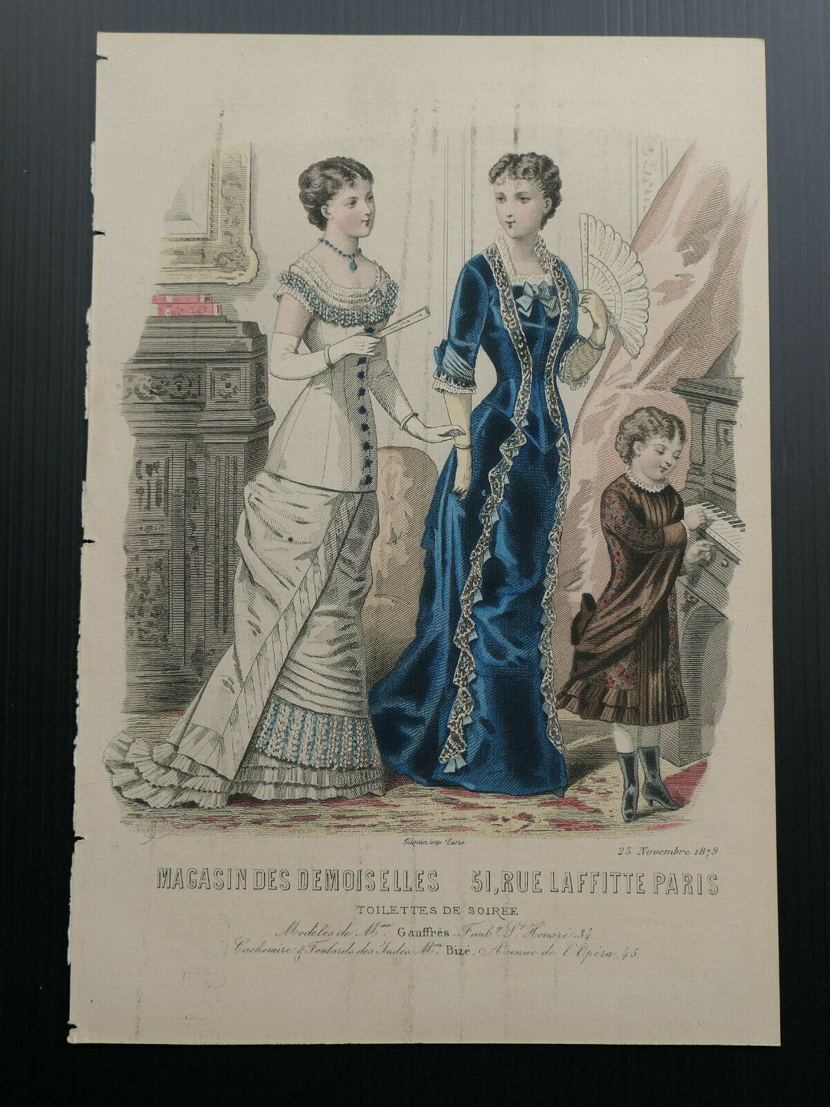 1879 MAGASIN DES DEMOISELLES FRENCH MODE ENGRAVING HAND COLOURED