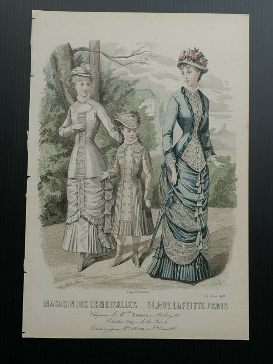 MAGASIN DES DEMOISELLES FRANCE 1879 MODE ENGRAVING HAND COLOURED