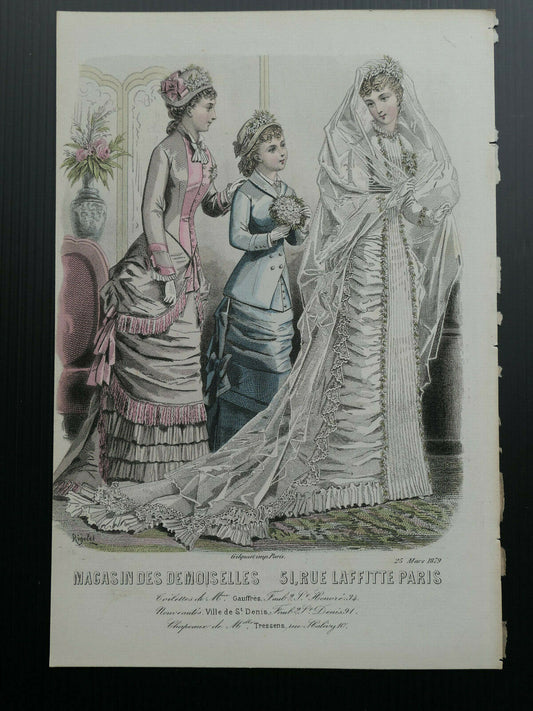 MAGASIN DES DEMOISELLES 1879 MODE ENGRAVING FRANCE HAND COLOURED