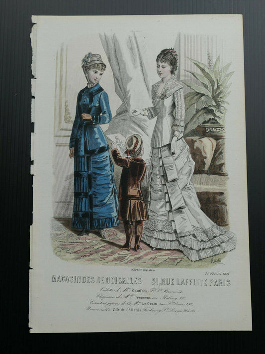 MAGASIN DES DEMOISELLES 1879 / FRENCH MODE ENGRAVING / HAND COLOURED