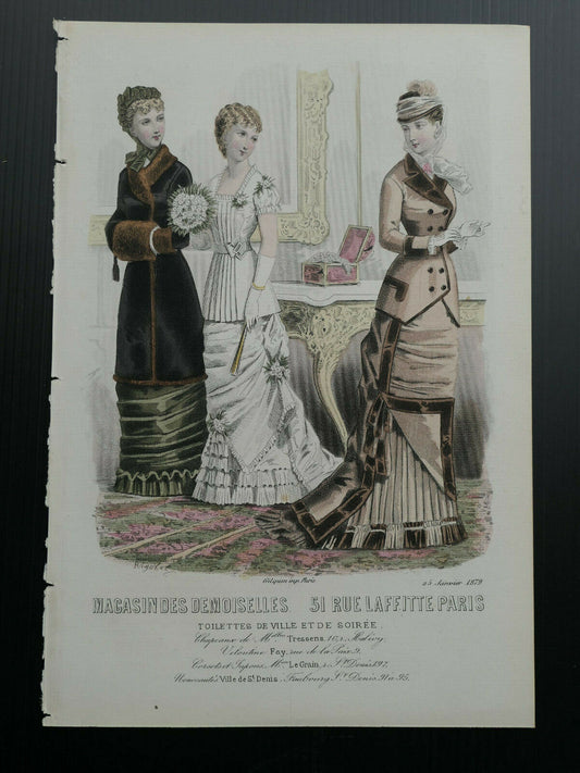 MAGASIN DES DEMOISELLES FRENCH MODE 1879 ENGRAVING HAND COLOURED