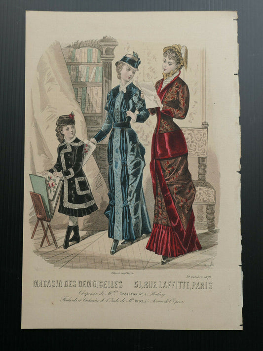 MAGASIN DES DEMOISELLES 1879 FRENCH MODE ENGRAVING HAND COLOURED