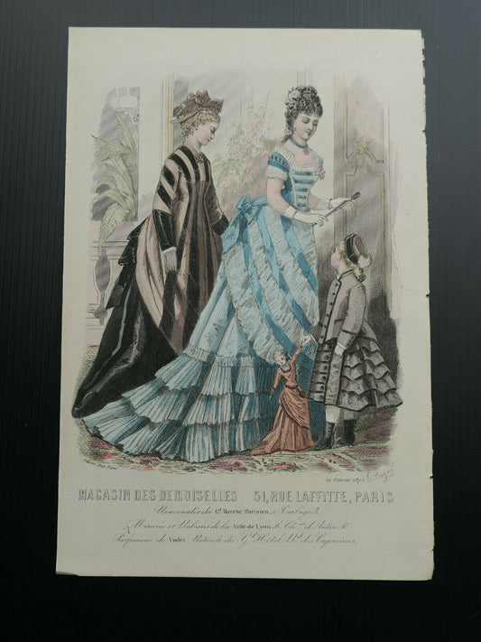 MAGASIN DES DEMOISELLES / 1875 FRENCH MODE ENGRAVING / HAND COLOURED