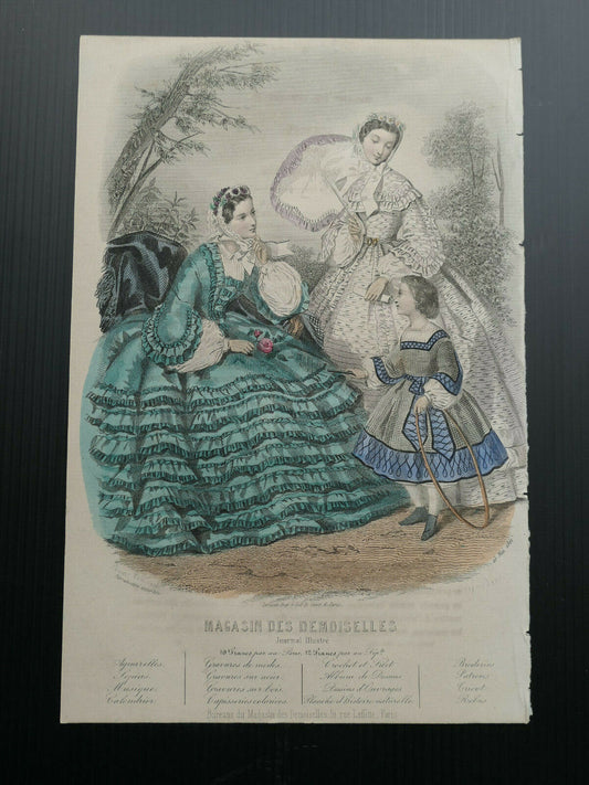 MAGASIN DES DEMOISELLES 1861 FRANCE MODE ENGRAVING HAND COLOURED