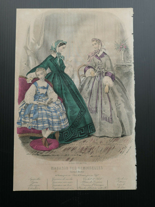 MAGASIN DES DEMOISELLES / 1861 FRENCH MODE / ENGRAVING HAND COLOURED