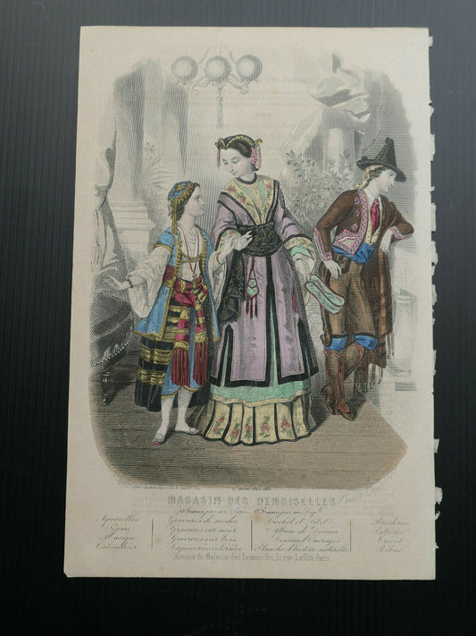 MAGASIN DES DEMOISELLES 1860-1861 / FRENCH MODE ENGRAVING HAND COLOURED