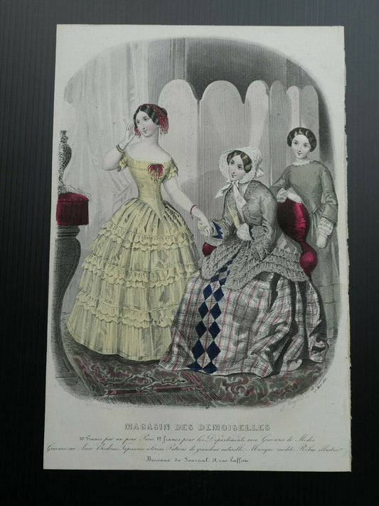MAGASIN DES DEMOISELLES 1850 FRANCE MODE ENGRAVING HAND COLOURED
