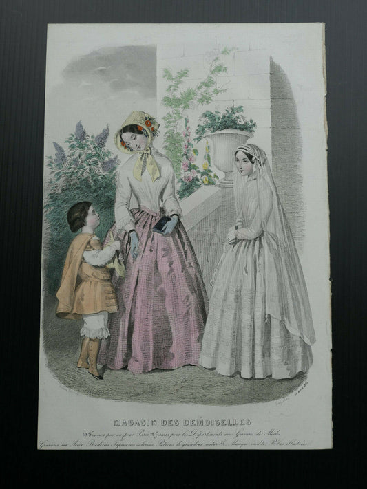 MAGASIN DES DEMOISELLES FRENCH MODE 1850 ENGRAVING HAND COLOURED