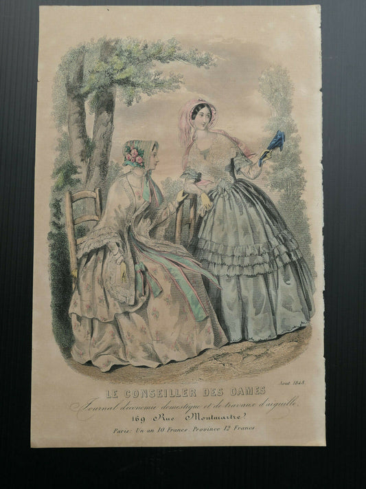 MAGASIN DES DEMOISELLES 1848 FRENCH MODE ENGRAVING HAND COLOURED