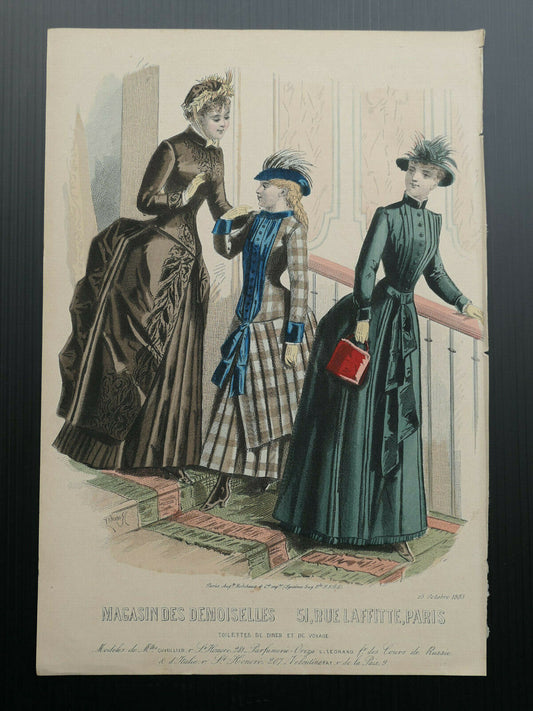 MAGASIN DES DEMOISELLES 1883 FRENCH MODE ENGRAVING HAND COLOURED