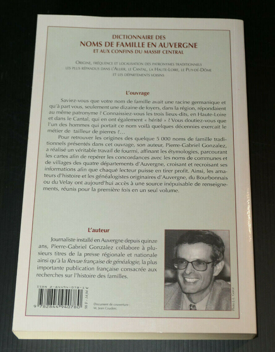 DICTIONNAIRE DES NOMS DE FAMILLE EN AUVERGNE / DE BOREE 2001 / GENEALOGIE