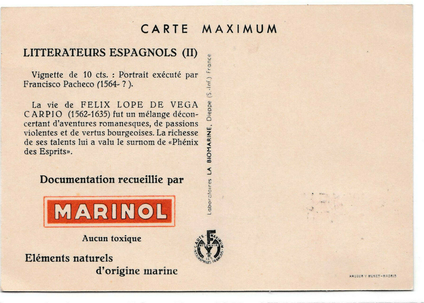 CARTE POSTALE COULEUR LITTERATEURS ESPAGNOLS FELIX LOPE DE VEGA CARPIO MARINOL