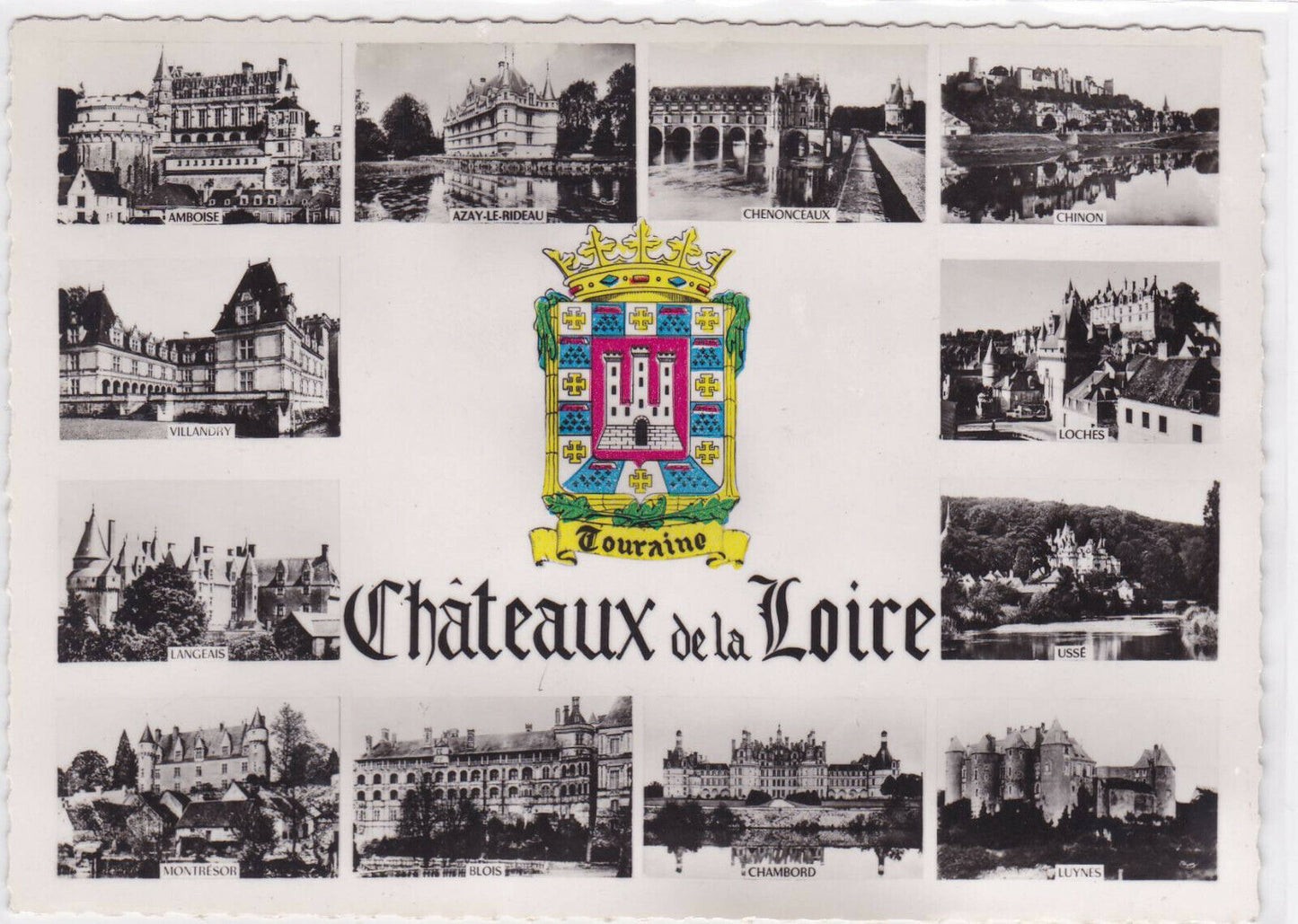 CARTE POSTALE NOIR & BLANC COULEUR CPSM CHATEAUX DE LA LOIRE TOURAINE MULTIVUES