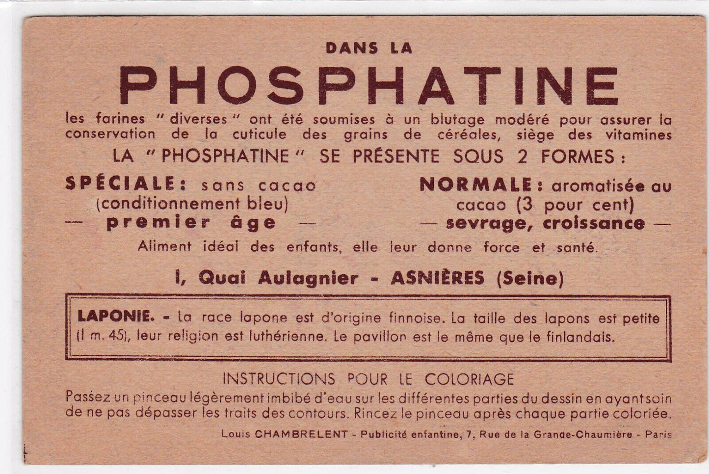 CARTE PUBLICITAIRE ANCIENNE PHOSPHATINE LAPON DRAPEAU FINLANDAIS COLORIAGE
