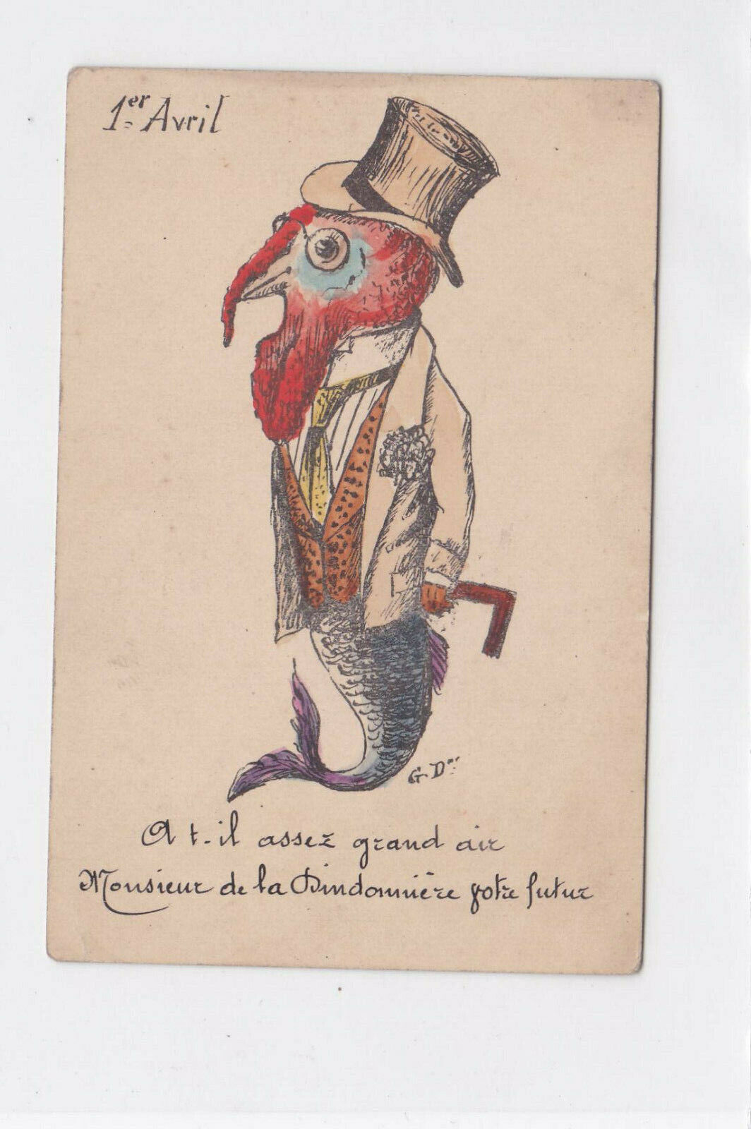 CARTE ANCIENNE 1ER AVRIL HANDPAINTED FANTAISIE
