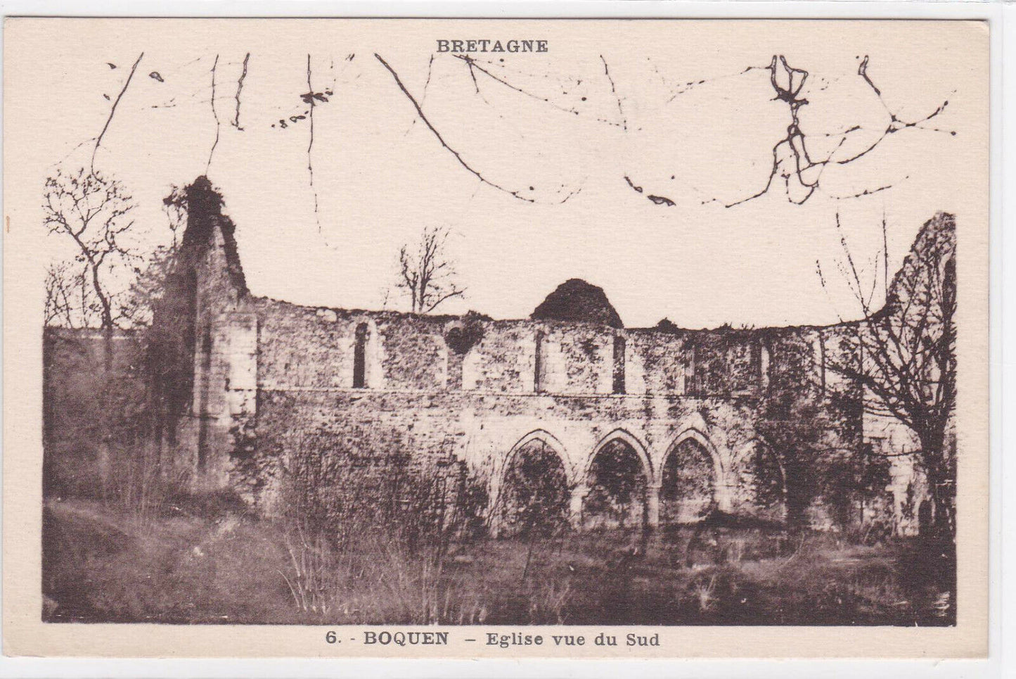 OLD BLACK &amp; WHITE POSTCARD CPA BOQUEN CHURCH VIEW FROM SOUTHERN BRITTANY 