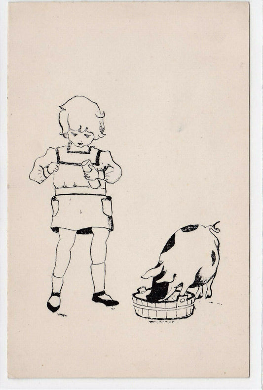 OLD BLACK &amp; WHITE POSTCARD CPA FANTASY YOUNG GIRL AND PIG FARM 