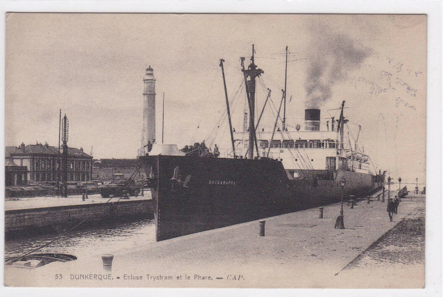 OLD BLACK &amp; WHITE POSTCARD CPA DUNKERQUE TRYSTRAM LOCK AND LIGHTHOUSE 